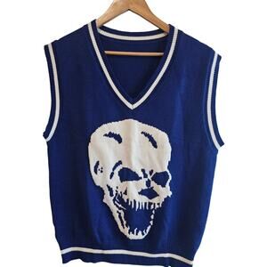 Skull Sweater Vest Mens Large Blue Knit Academia Goth Grunge Streetwear Graphic